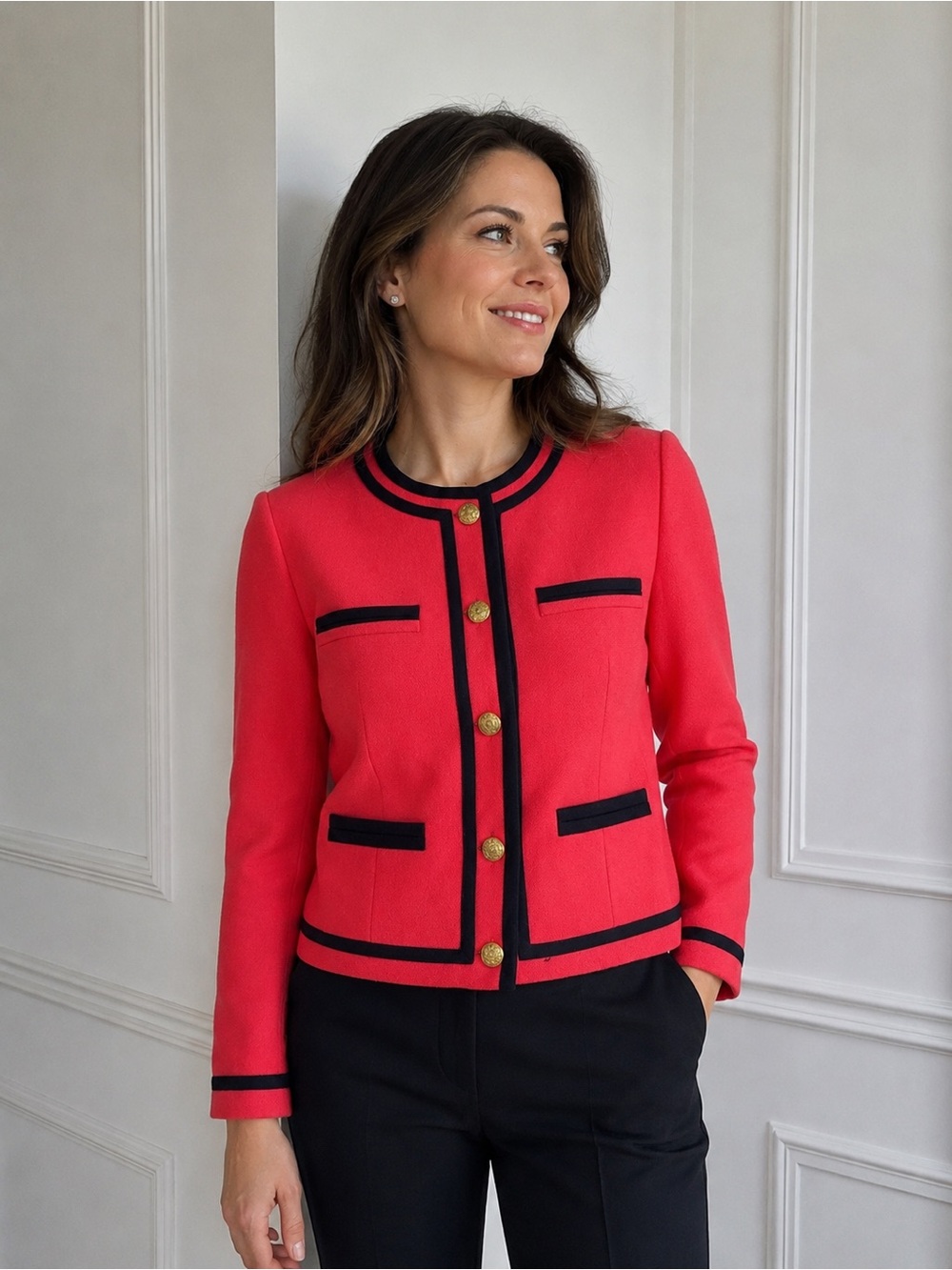 J.Crew Wool Lady Jacket in Bright Berry with Navy Trim Size 12